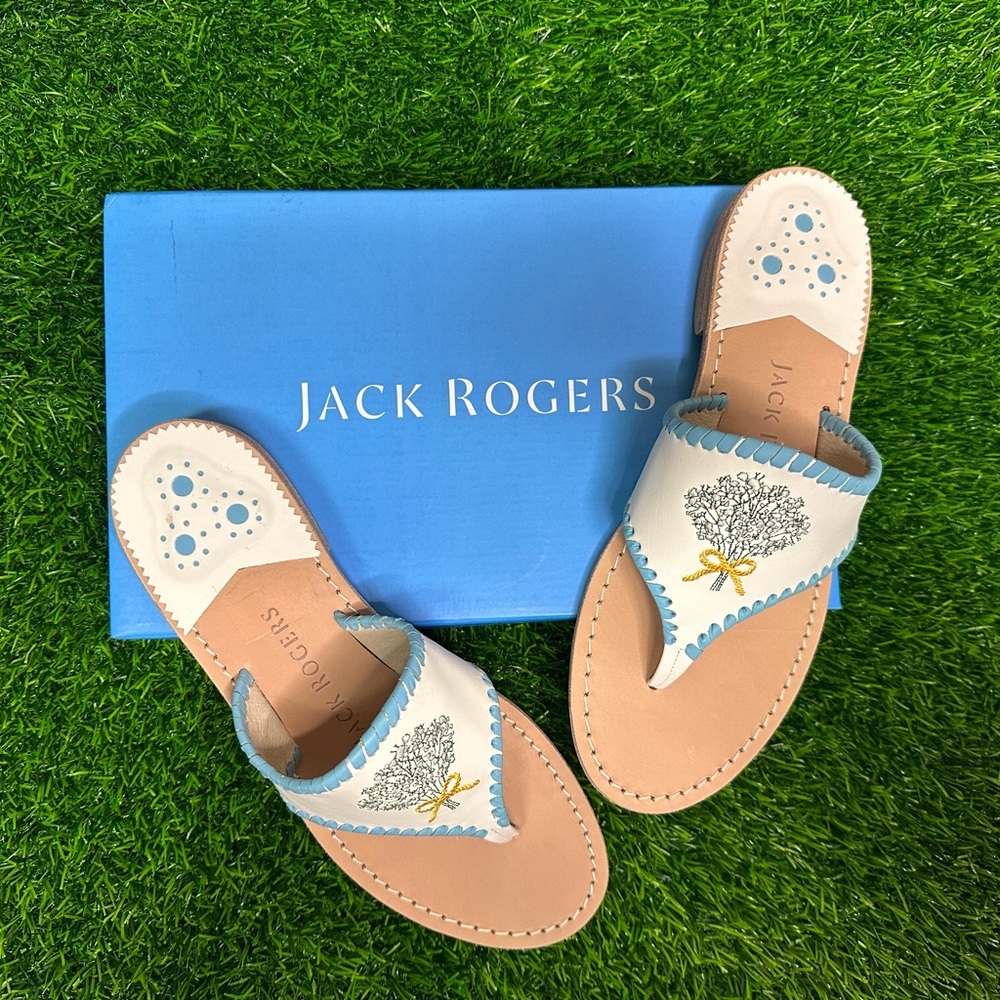 Jack Rogers | White & Light Blue Baby's Breath Embroidered Leather Sandal
